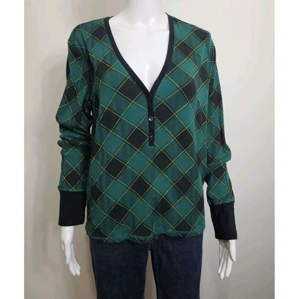 Victorias Secret Argyle Pullover Womens Size Large V Neck Multicolor 3/4 Button